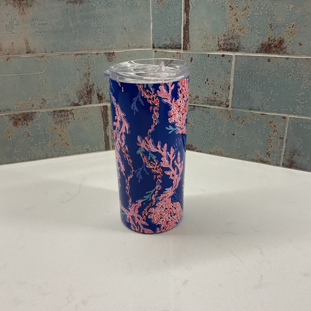 Lilly Pulitzer Travel Tumbler & Lid Borealis Blue and Pink Coral Print